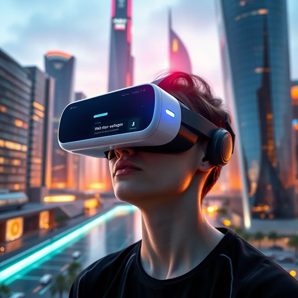 A futuristic cityscape with sleek buildings and advanced technologies. In the foreground, a person wearing virtual reality glasses seamlessly interacts with a website that adapts flawlessly to their immersive experience. The website design is innovative and futuristic, representing the adaptability of responsive design for future technologies.